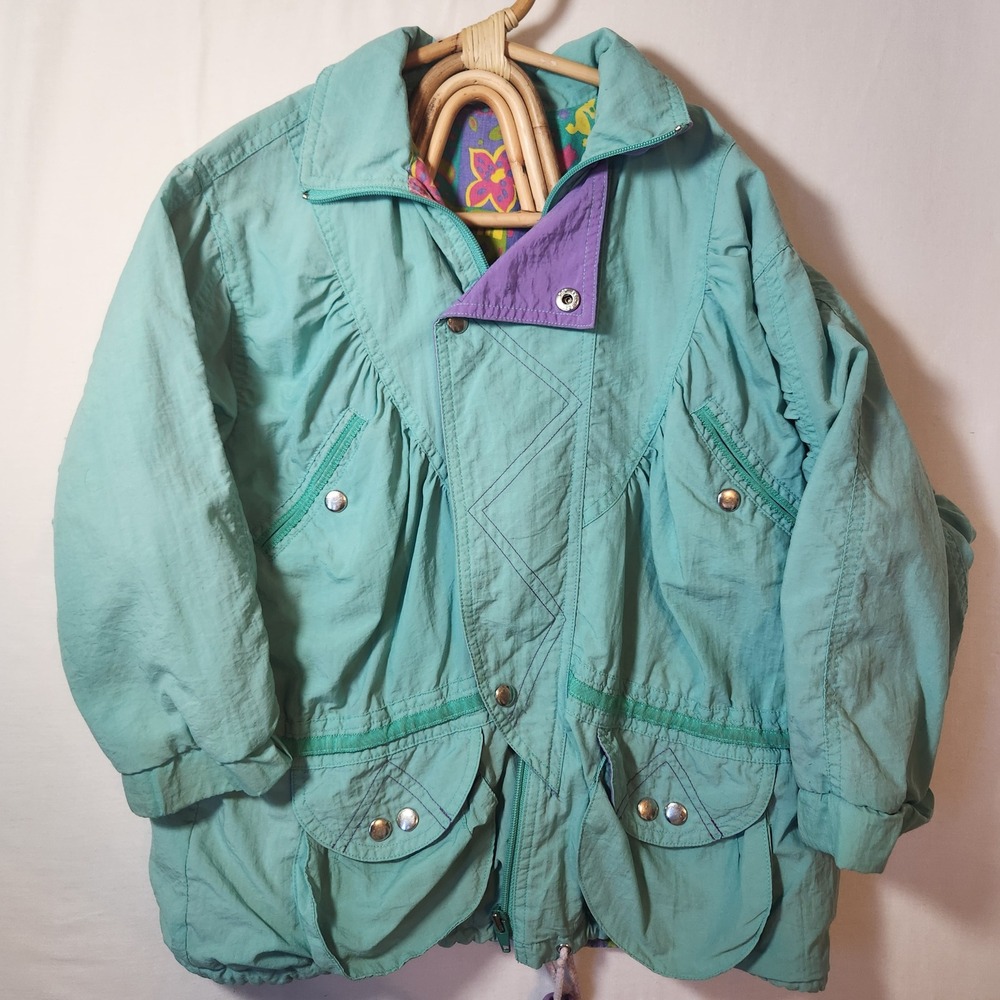 Vintage 80s Teal Purple Colorblock‎ Windbreaker Jacket Geometric Floral Lining